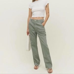 Reformation NEW Harrison Carpenter High Rise Straight Wide Leg Jeans Moss Green